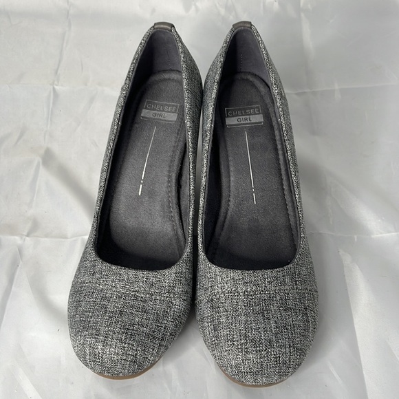 Chelsee Girl Heavenly Grey Tweed Round Toe Wedge Textile Leather Cushion Size 10 - Picture 4 of 10
